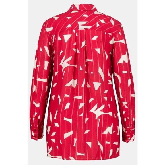 Selection by Ulla Popken Red + White Abstract Metallic Thread Button Up Blouse - Picture 6 of 9